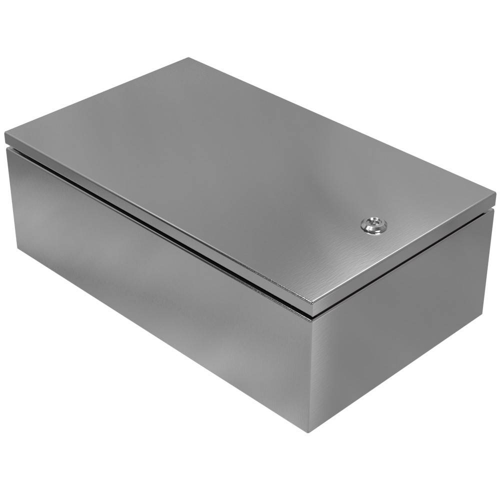 Eine Metallbox in rechteckiger Form mit einem geschlossenen Deckel und einem Schlüsselloch oben, was auf sichere Aufbewahrung von Wertsachen oder wichtigen Dokumenten hindeutet.