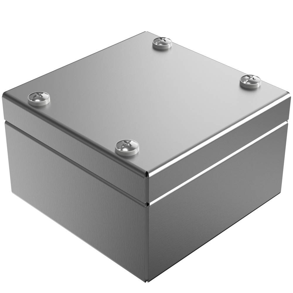 Silberne Metallbox mit einer glatten Oberfläche und abgerundeten Ecken, mit vier Schraubköpfen auf dem Deckel.