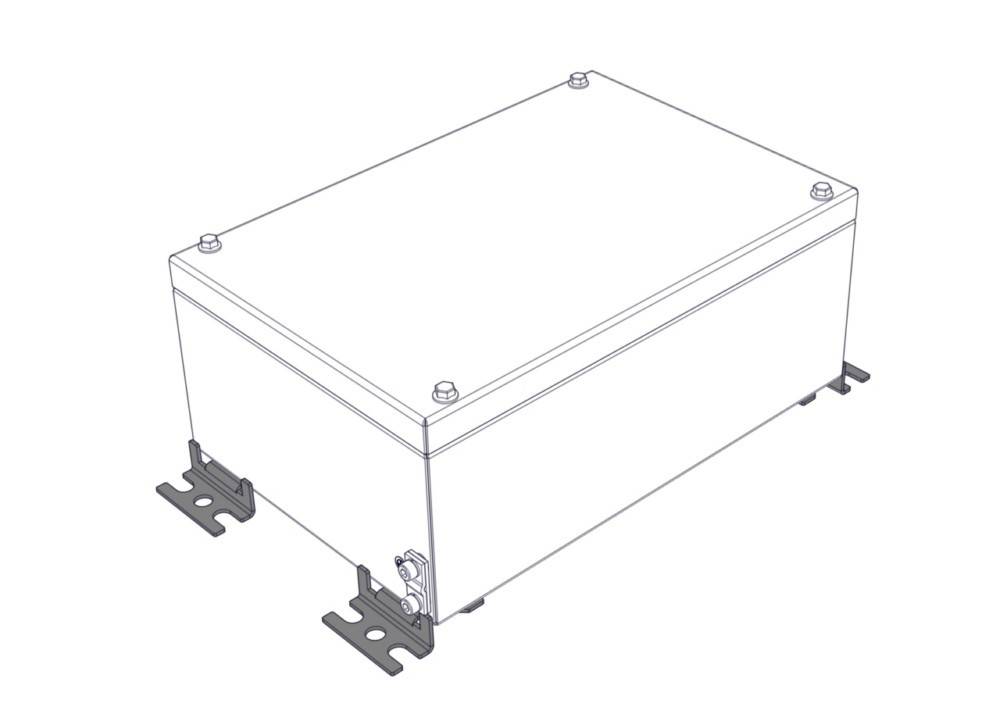 Eine rechteckige Metallbox mit Befestigungsbügeln an jeder Ecke und einem kleinen Anschluss an einer Seite, geeignet zur Unterbringung von Elektronik.