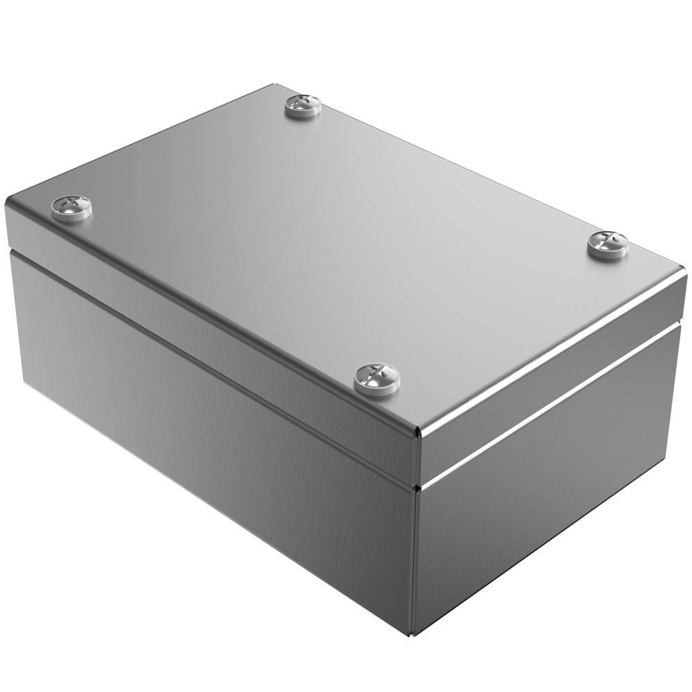 Eine metallische rechteckige Schachtel mit Schrauben an jeder Ecke der Oberseite, wahrscheinlich zur Aufnahme von elektronischen oder elektrischen Komponenten verwendet.