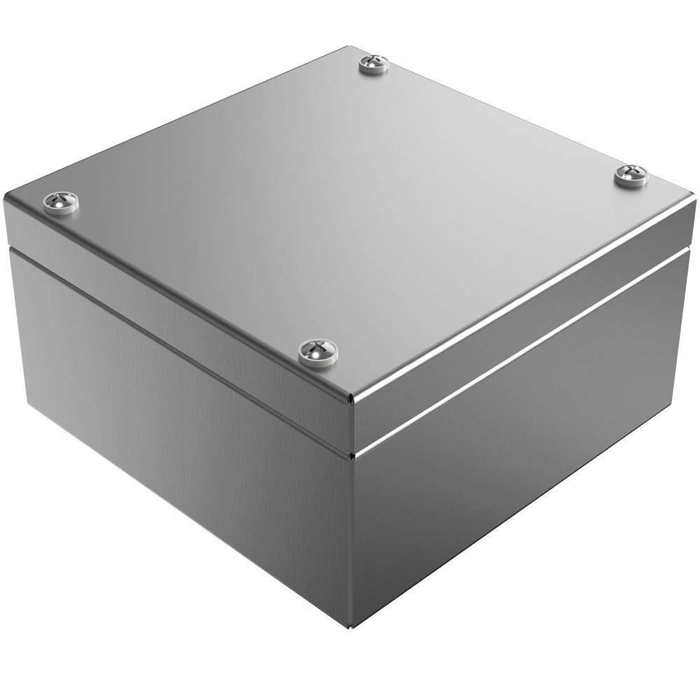 Eine quadratische Metallbox mit glatter Oberfläche, die an jeder Ecke mit Schrauben befestigt ist und wahrscheinlich zur Aufbewahrung oder Einhausung von elektronischen Komponenten entwickelt wurde.