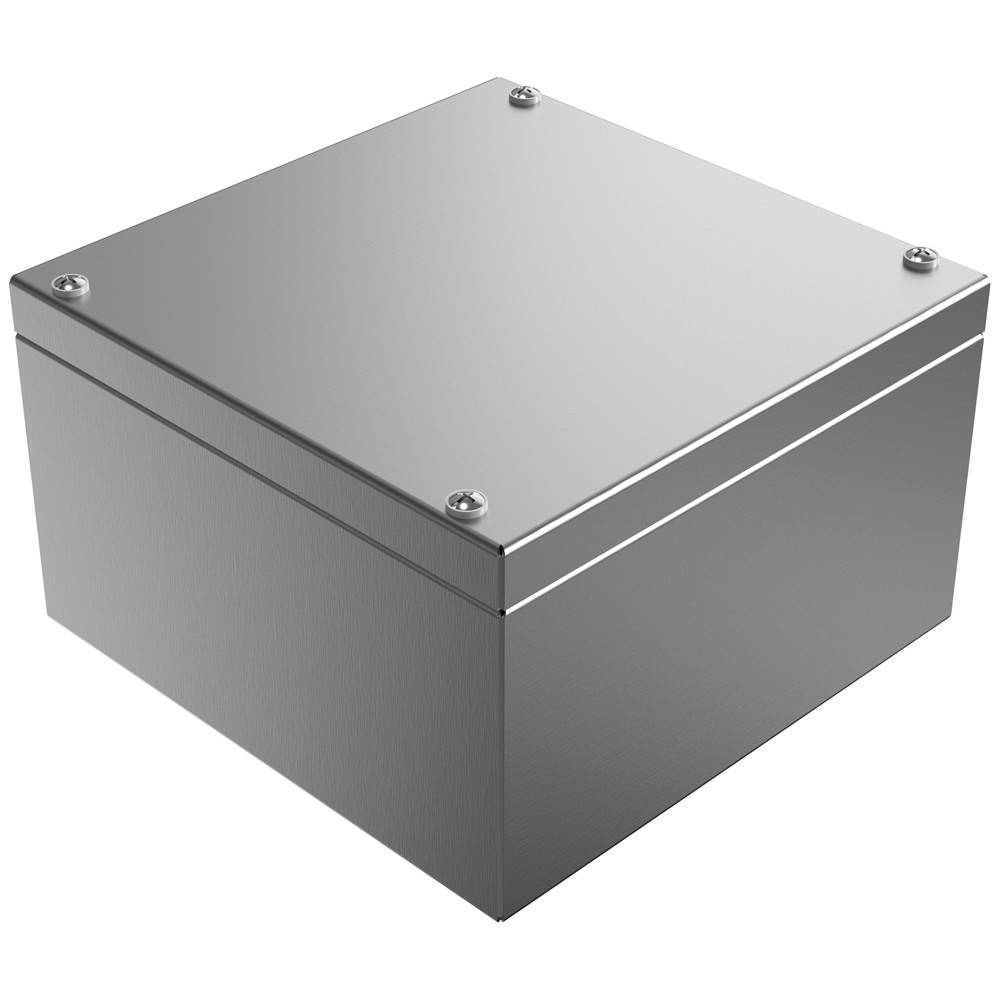 Ein glänzendes, metallisches Quadratgehäuse mit einer glatten Oberfläche, das an jeder Ecke mit Schrauben befestigt wird und üblicherweise zur Unterbringung von elektrischen Komponenten verwendet wird.