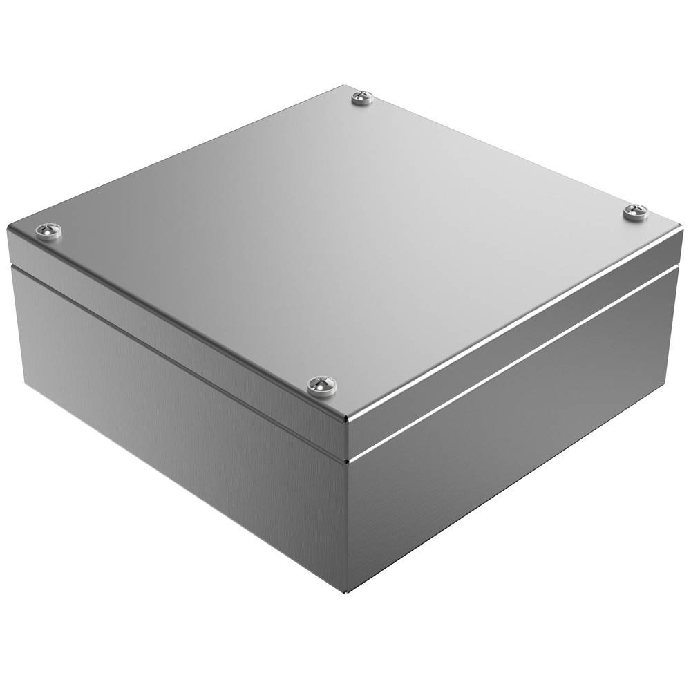 Eine Metallgehäusebox mit einem flachen Deckel, der mit Schrauben in jeder Ecke befestigt ist. Die Box hat ein schlichtes, industrielles Design und eine metallische Oberfläche.