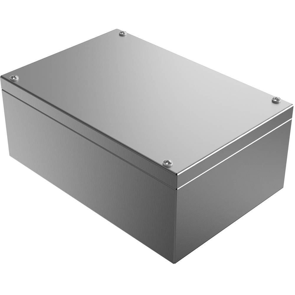 Eine Metallgehäusebox mit einem Deckel auf Scharnieren, gesichert durch vier Schrauben an den Ecken. Die Box ist schlicht und wirkt robust für Schutzzwecke.