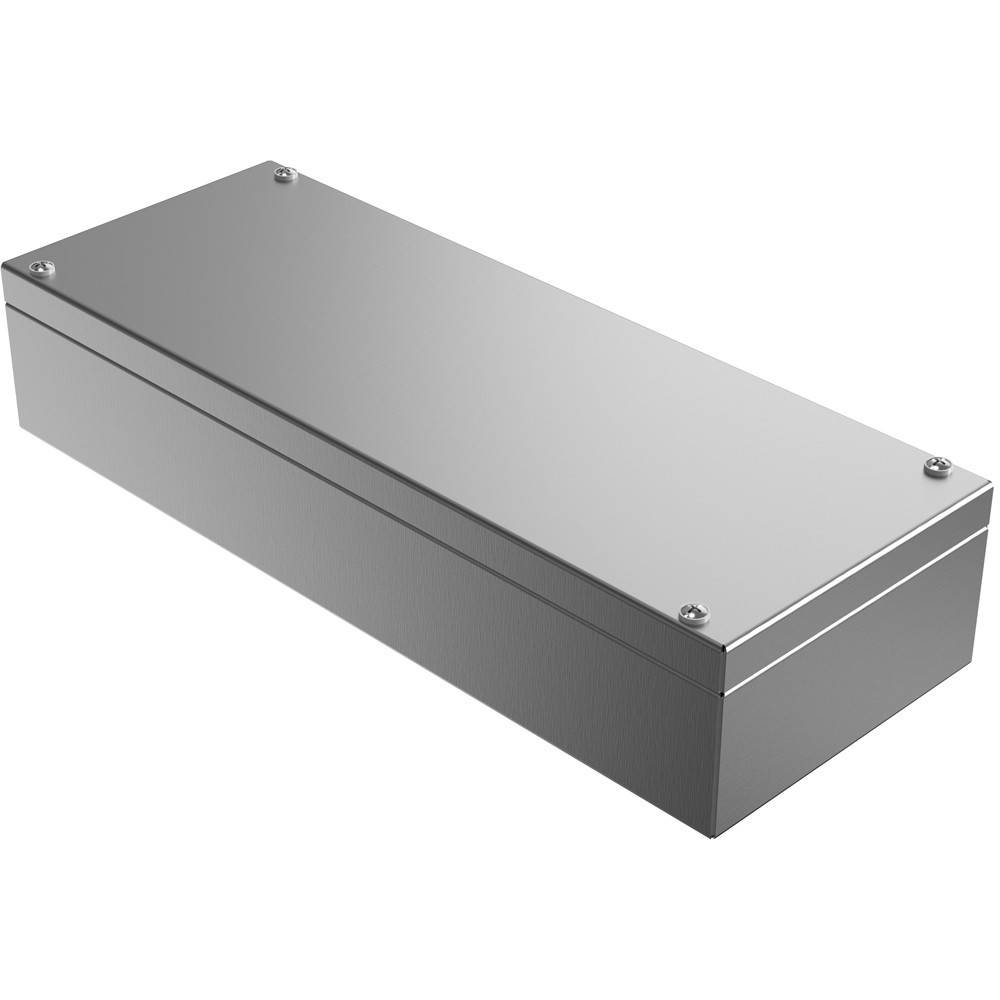 Ein Metallgehäuse in rechteckiger Form mit einer flachen Oberseite und vier Schrauben an jeder Ecke, das zum Unterbringen von elektronischen Bauteilen oder Geräten konzipiert ist.