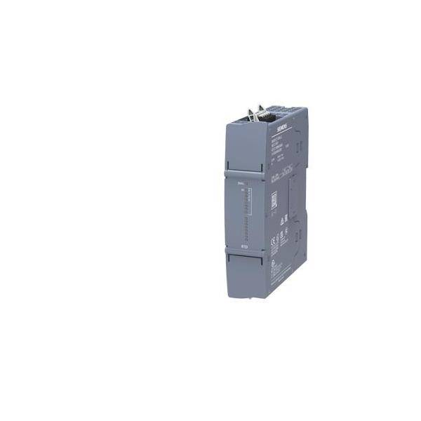 Ein grauer industrieller Modul mit verschiedenen Anschlüssen und Steckverbindern, auf dessen Gehäuse technische Spezifikationen aufgedruckt sind, aus einem Winkel betrachtet.