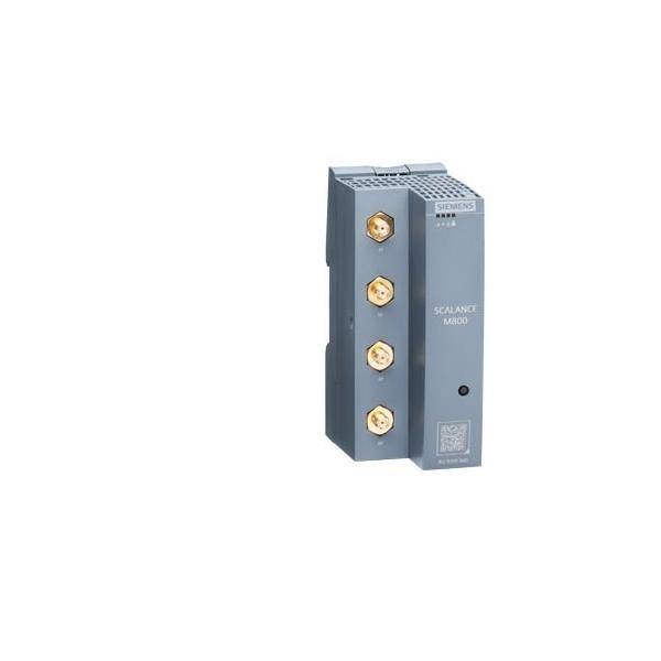 Ein Siemens SCALANCE M804 Gerät, ein grauer industrieller Kommunikationsmodul mit vier sichtbaren Antennenbuchsen, verwendet für Netzwerkverbindungen.