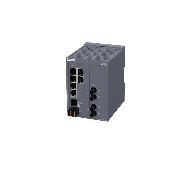 Ein industrieller Netzwerk-Switch mit mehreren Ethernet-Ports und LED-Anzeigen in einem grauen rechteckigen Gehäuse, verwendet für Datenkommunikation.
