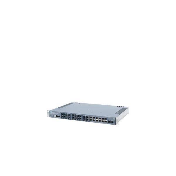 Ein silberner Netzwerk-Switch mit mehreren Ethernet-Ports, vor einem einfarbigen weißen Hintergrund. Das Gerät ist kompakt und für den Einbau in ein Rack konzipiert.