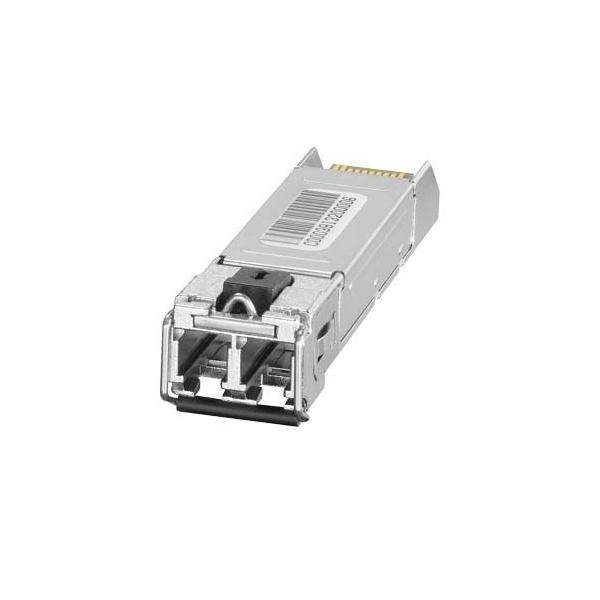 Ein kleines, rechteckiges SFP-Modul für Netzwerkausrüstung mit einem metallischen Gehäuse, versehen mit einem Barcode und Anschlüssen an einem Ende.