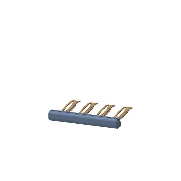 Ein Metallgestell mit vier goldfarben Haken, die auf einer blauen Basis montiert sind, zum Aufhängen von Gegenständen.