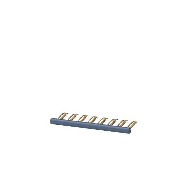 Eine blaue, horizontale Sammelschiene mit zehn gleichmäßig verteilten goldenen Kontakten, die zur elektrischen Verteilung und Verbindung verwendet wird.