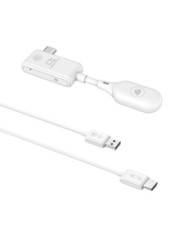 Ein weißes USB-C zu Micro-USB Adapterkabel mit zusätzlichen USB- und HDMI-Anschlüssen, verwendet zum Verbinden von Geräten und Übertragen von Daten.