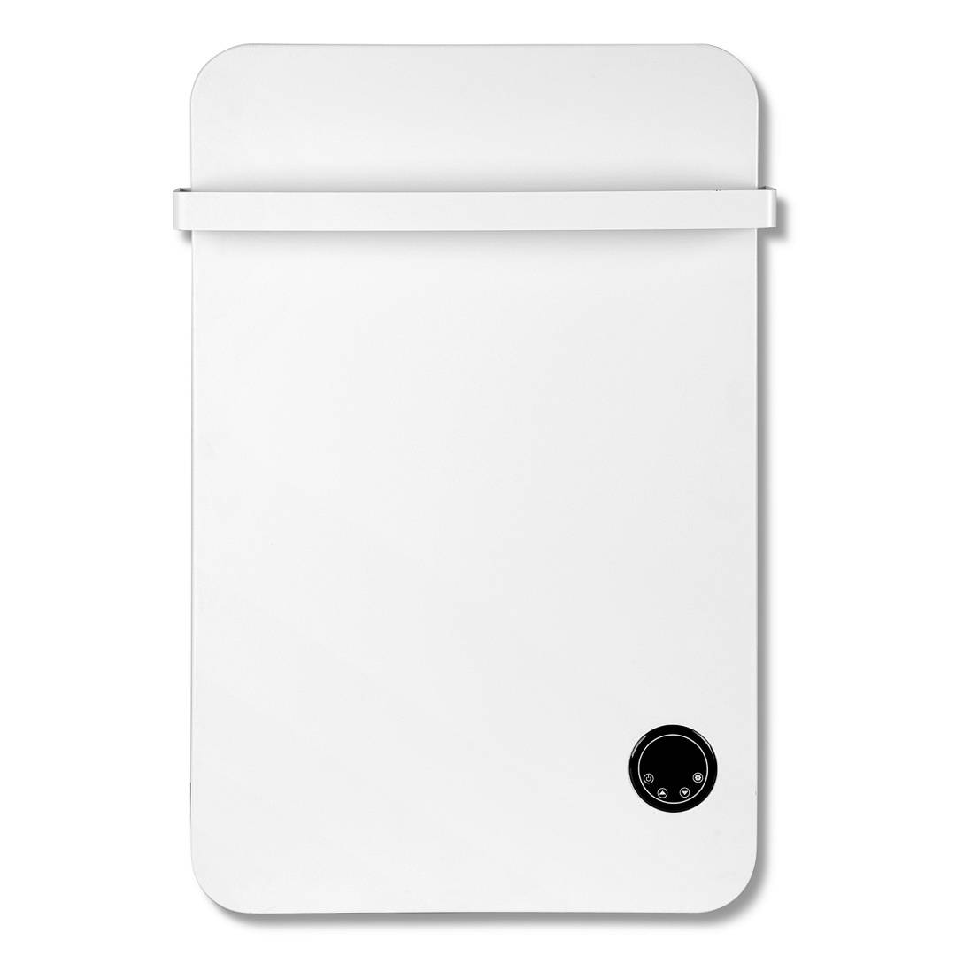 Weißer an der Wand montierter Papierhandtuchspender mit einem schwarzen runden Verschluss oder Knopf in der unteren rechten Ecke.
