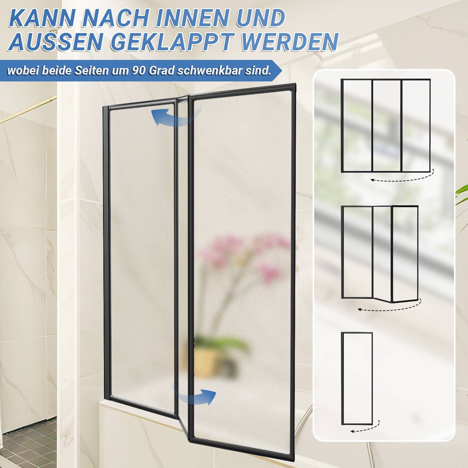 120X140cm Badewannenfaltwand Badewannenaufsatz mit Duschwand Duschabtrennung Höhe 140cm Dusche Faltwand ,Schwarz