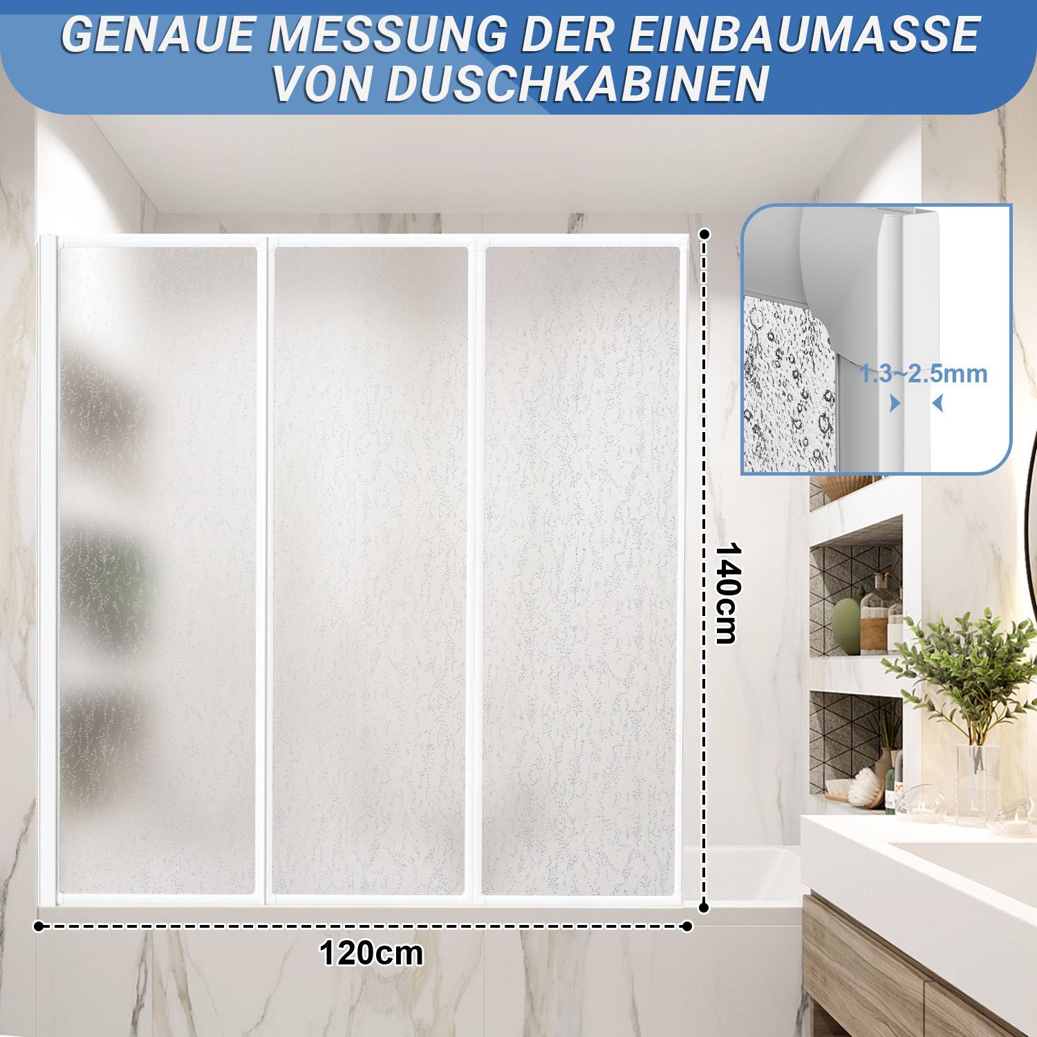 Duschabtrennung 120X140cm Dreifalten Faltwand für Badewanne Weiß Rahmen Duschwand Badewannenaufsatz Duschabtrennungen