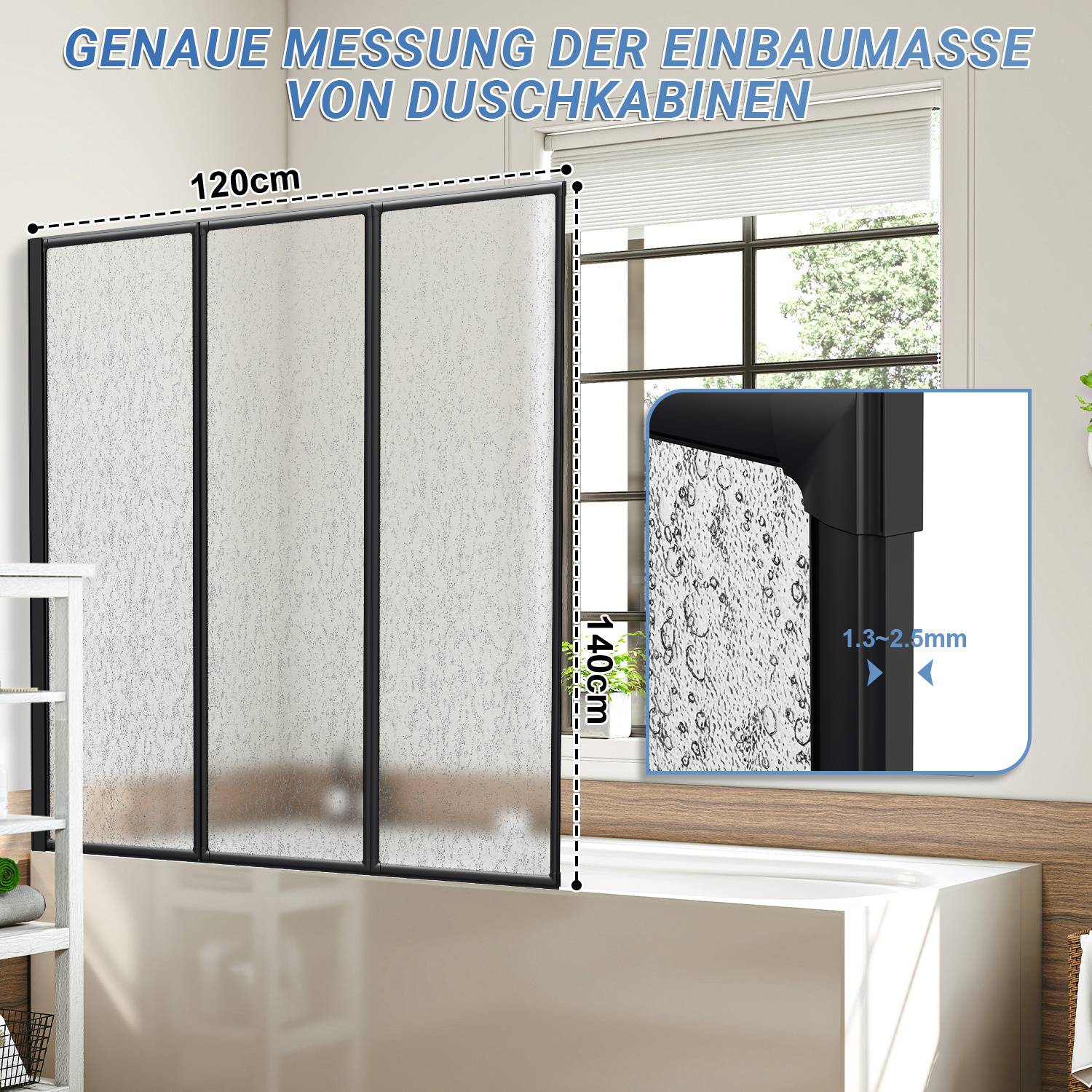 Duschabtrennung 120X140cm Dreifalten Faltwand für Badewanne Schwarz Rahmen Duschwand Badewannenaufsatz Duschabtrennungen