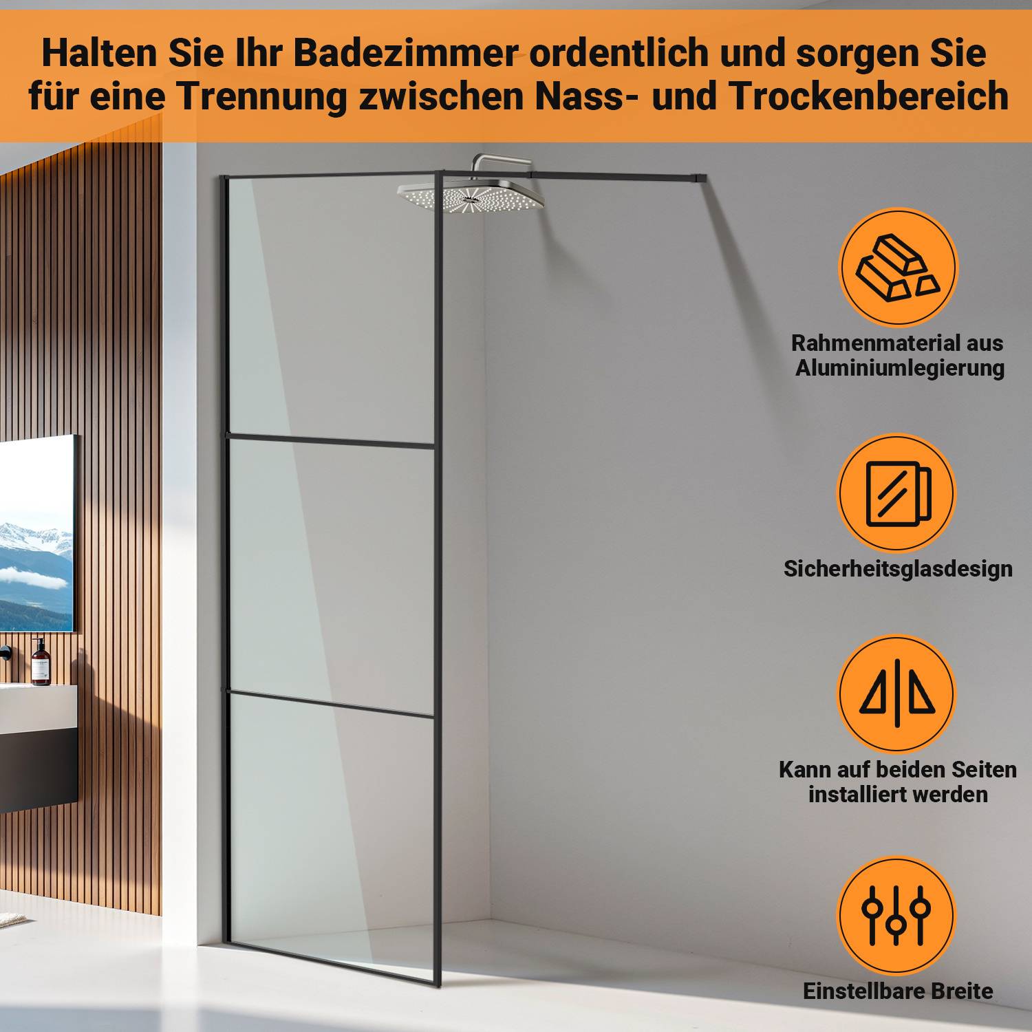 Duschabtrennung 80X200cm Duschwand für Dusche Walk-In Dusche ESG-Sicherheitsglas 5mm Schwarze