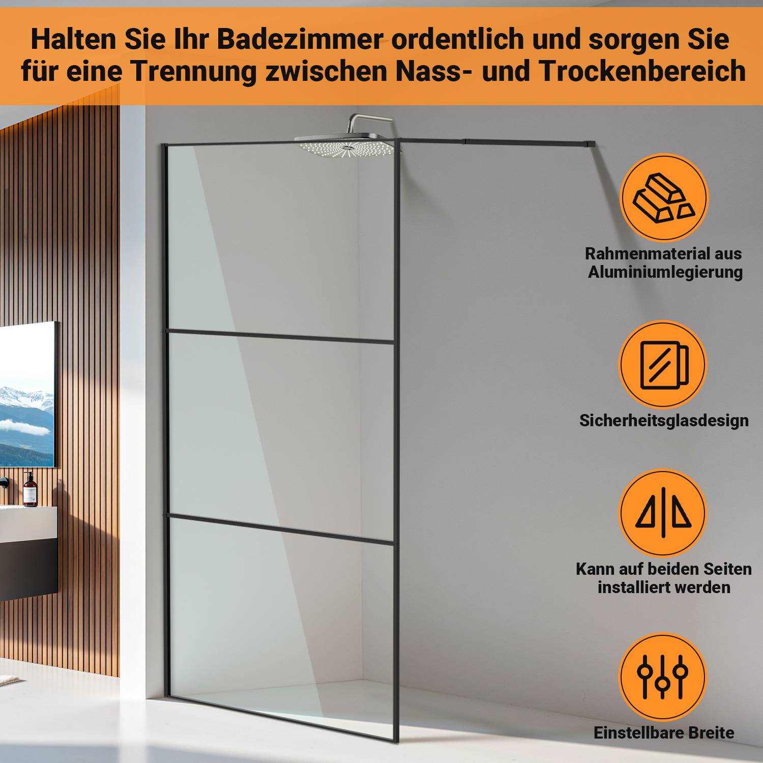 Duschabtrennung 120X200cm Duschwand für Dusche Walk-In Dusche ESG-Sicherheitsglas 5mm Schwarze
