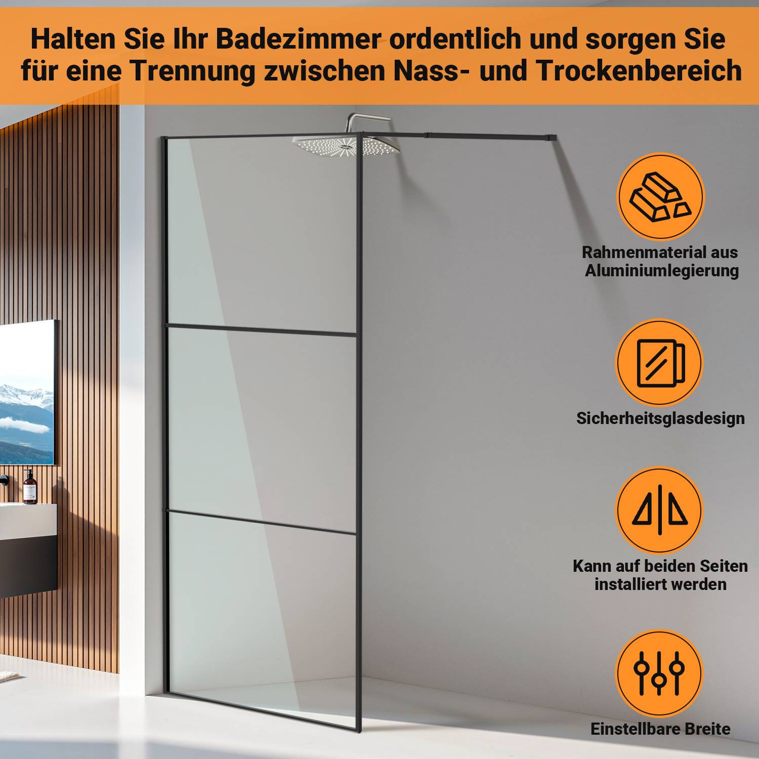 Duschabtrennung 100X200cm Duschwand für Dusche Walk-In Dusche ESG-Sicherheitsglas 5mm Schwarze