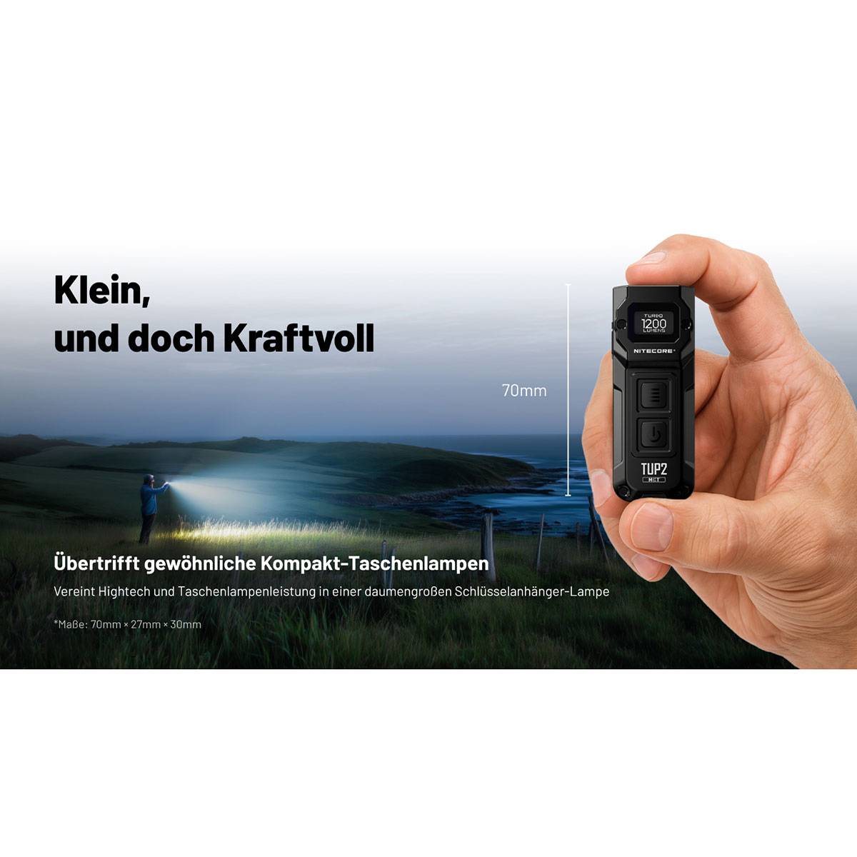 Hand holding a compact flashlight. Text on the image reads: 'Klein, und doch Kraftvoll. Übertrifft gewöhnliche Kompakt-Taschenlampen.