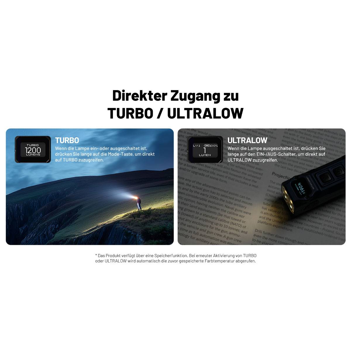 Taschenlampen-Eigenschaften: 'Direkter Zugang zu TURBO/ULTRALOW', zwei Modi. Links: TURBO für hohe Helligkeit. Rechts: ULTRALOW für schwaches Licht.