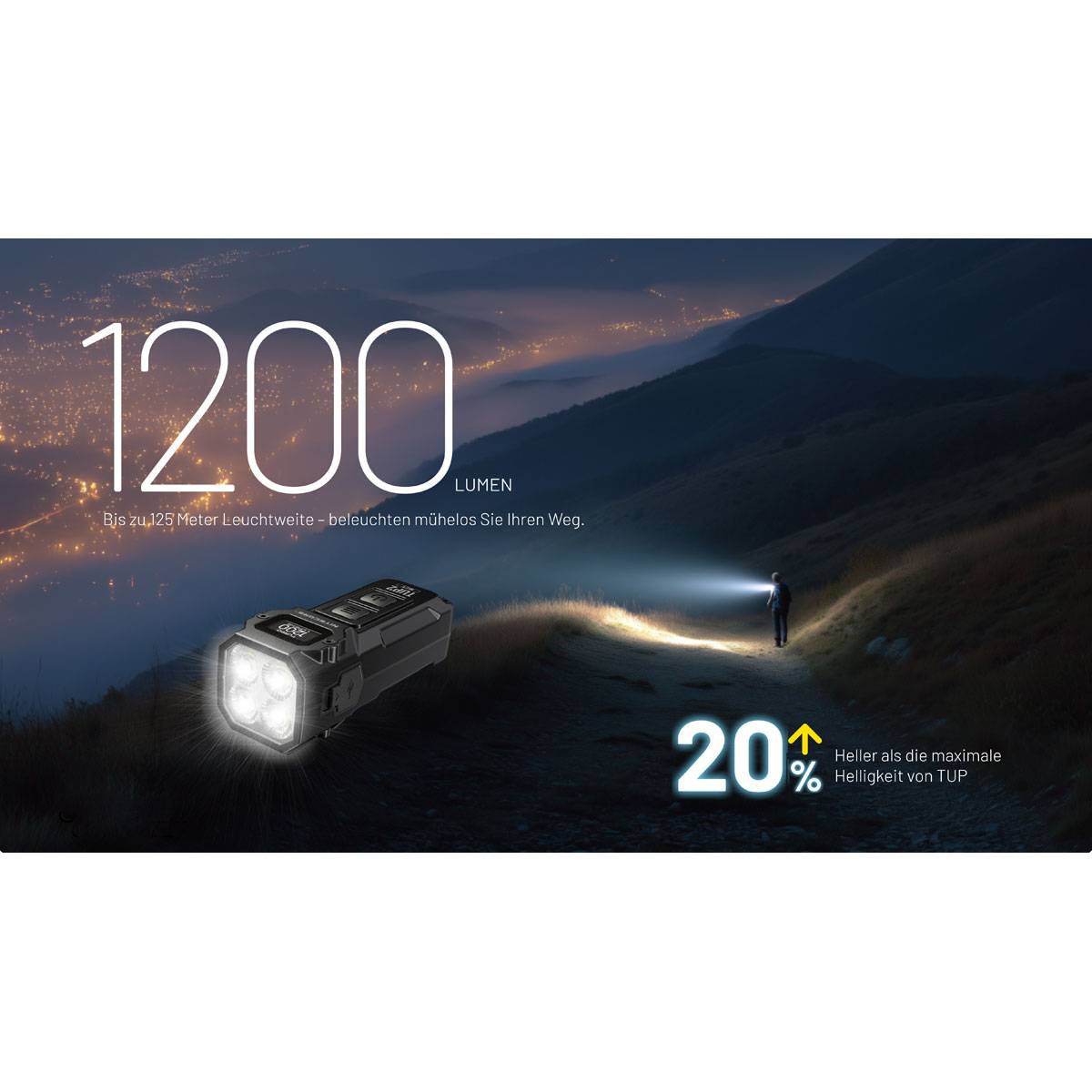 Eine Taschenlampe sendet einen Lichtstrahl über eine dunkle Landschaft mit einer Person in der Ferne. Der Text hebt hervor: 