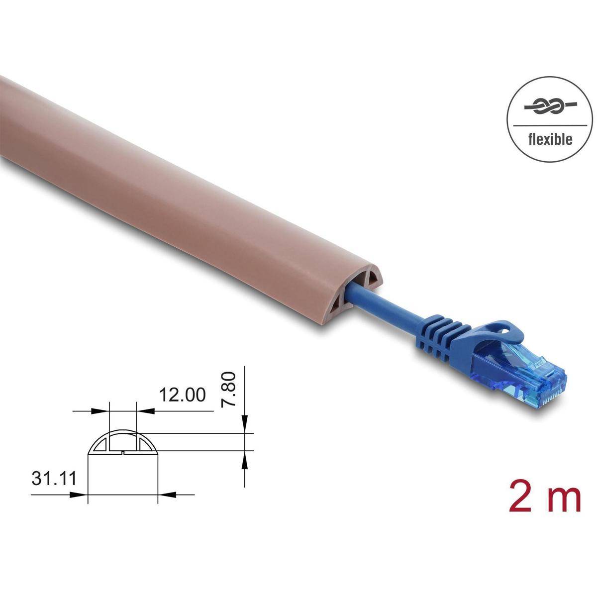 Braune Kabelabdeckung, die ein blaues Ethernet-Kabel verbirgt; als flexibel gekennzeichnet. Produktlänge: 2 Meter. Enthält technische Dimensionszeichnung.