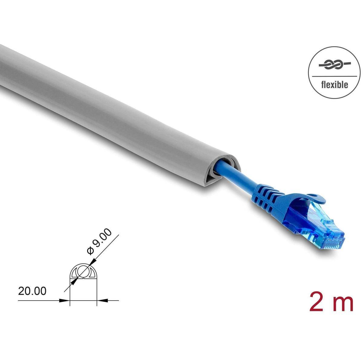 Ein Ethernet-Kabel, das in einen flexiblen, grauen Schutzmantel eingehüllt ist, misst 2 Meter. Eine technische Zeichnung zeigt Abmessungen und Biegsamkeit.