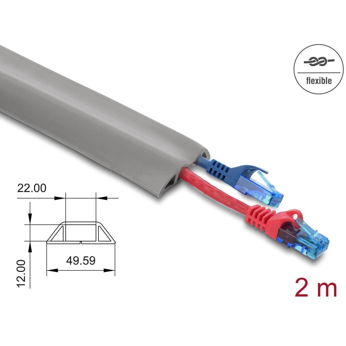 Flexibles Kabelschutzrohr, 2 Meter lang, geeignet für Kabel bis zu 49,59 mm Breite und 12,00 mm Höhe, dargestellt mit roten und blauen Ethernet-Kabeln im Inneren.