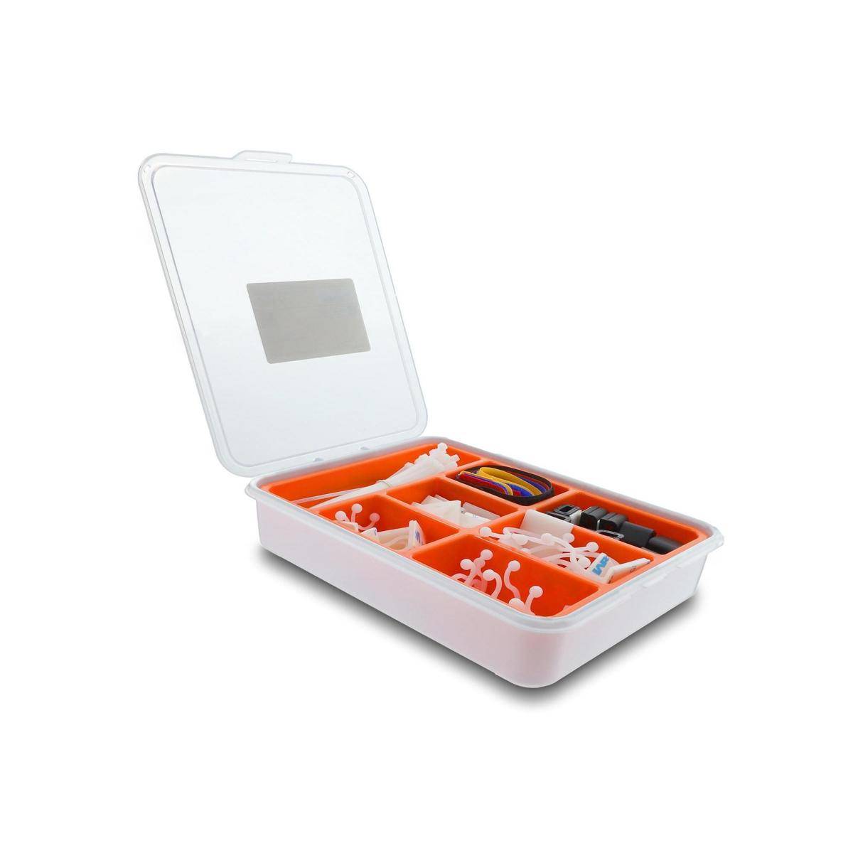 Eine offene weiße Aufbewahrungsbox mit orangefarbenem Innenraum, die verschiedene organisierte elektronische Komponenten und Werkzeuge enthält, einschließlich Kabel und Anschlüsse.
