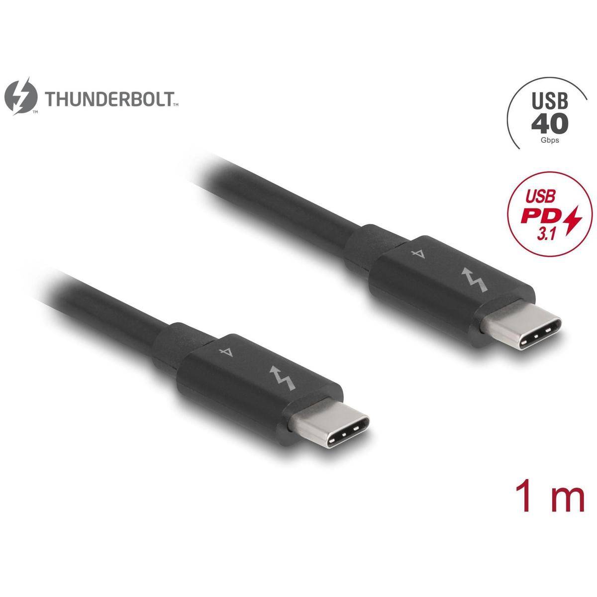 Thunderbolt'-Logo mit zwei schwarzen USB-C-Thunderbolt-Kabeln, gekennzeichnet als 'USB 40 Gbit/s' und 'USB PD 3.1'. Kabellänge: 1 Meter.
