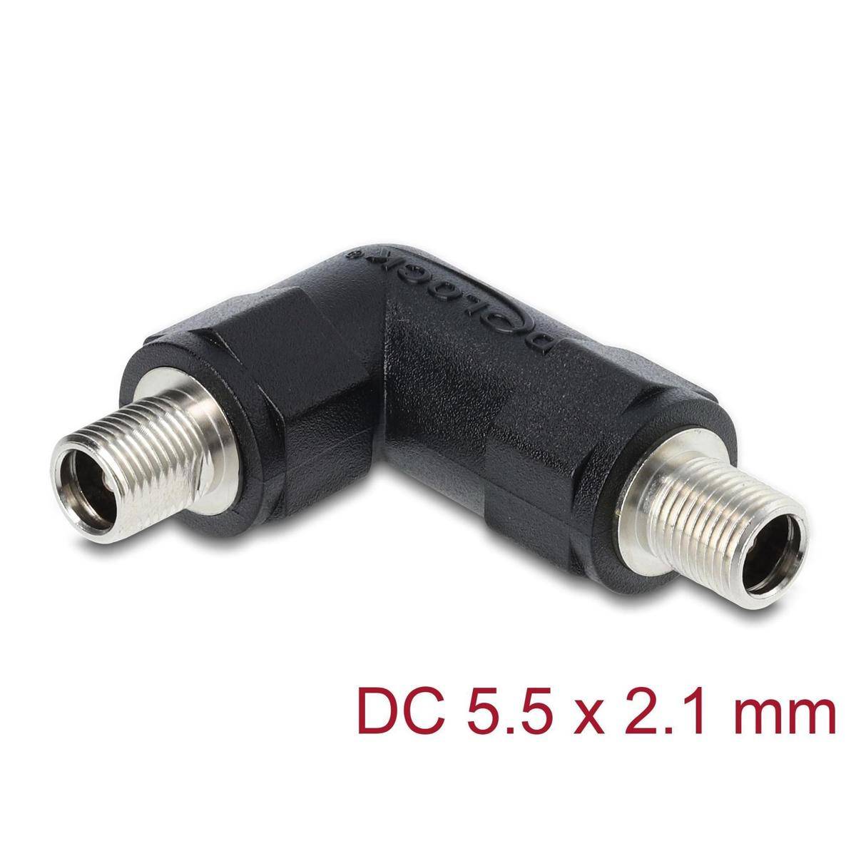 L-förmiger schwarzer und silberner DC-Verbindungsadapter, beschriftet mit 'DC 5,5 x 2,1 mm', verwendet zum Anschluss elektrischer Geräte mit kompatiblen Steckern.