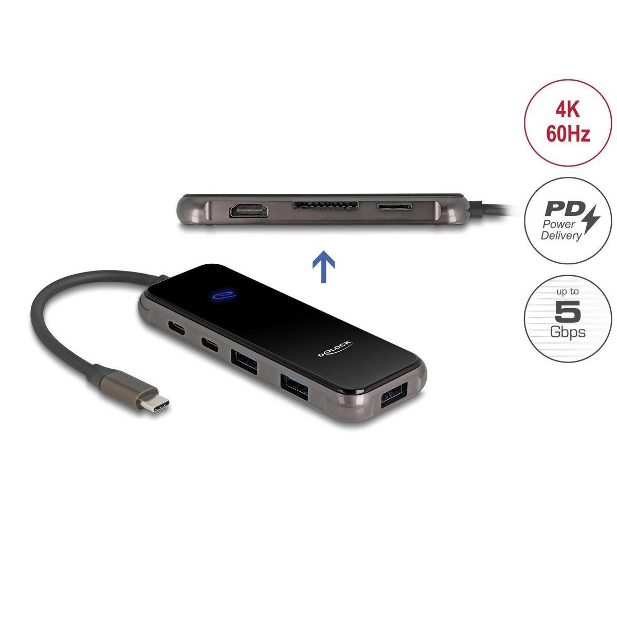 USB-C Multiport-Adapter mit HDMI, USB-Anschlüssen und Power Delivery. Unterstützt 4K bei 60 Hz und Datenübertragung bis zu 5 Gbps.