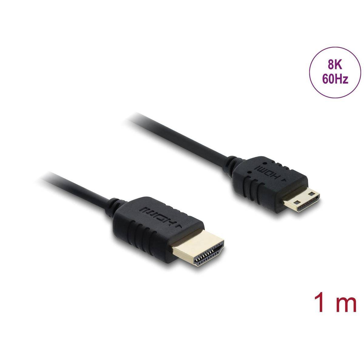 Ein '1 m HDMI-Kabel mit Unterstützung für 8K 60Hz' zeigt zwei Enden eines HDMI-Kabels mit schwarzen Anschlüssen und deutet auf hochwertige Audio- und Videowiedergabe hin.