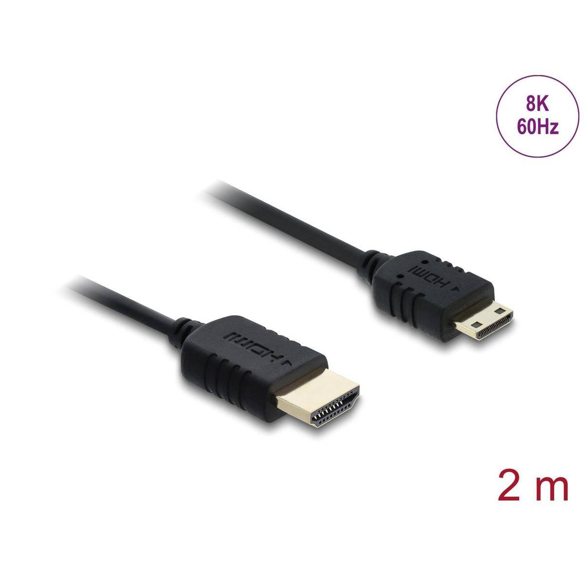 HDMI zu Micro HDMI Kabel, schwarz, 2 Meter lang, unterstützt 8K bei 60Hz, mit nach oben gerichteten Anschlüssen dargestellt.
