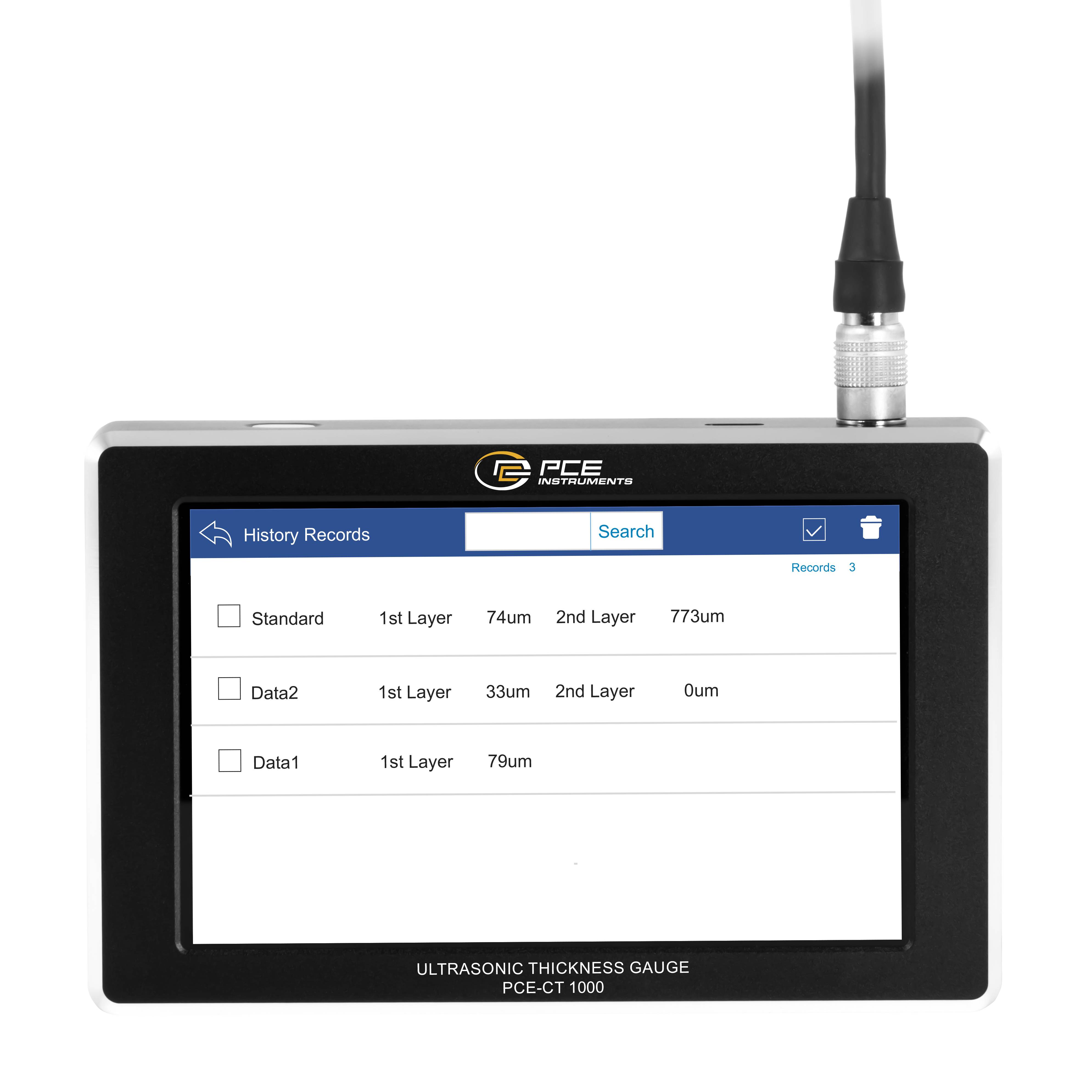 Ultraschall-Dickenmessgerät-Anzeige, die 'Verlaufsaufzeichnungen' mit drei Einträgen zeigt: 'Standard', 'Daten2' und 'Daten1', jeweils mit Schichtdicken-Messungen.