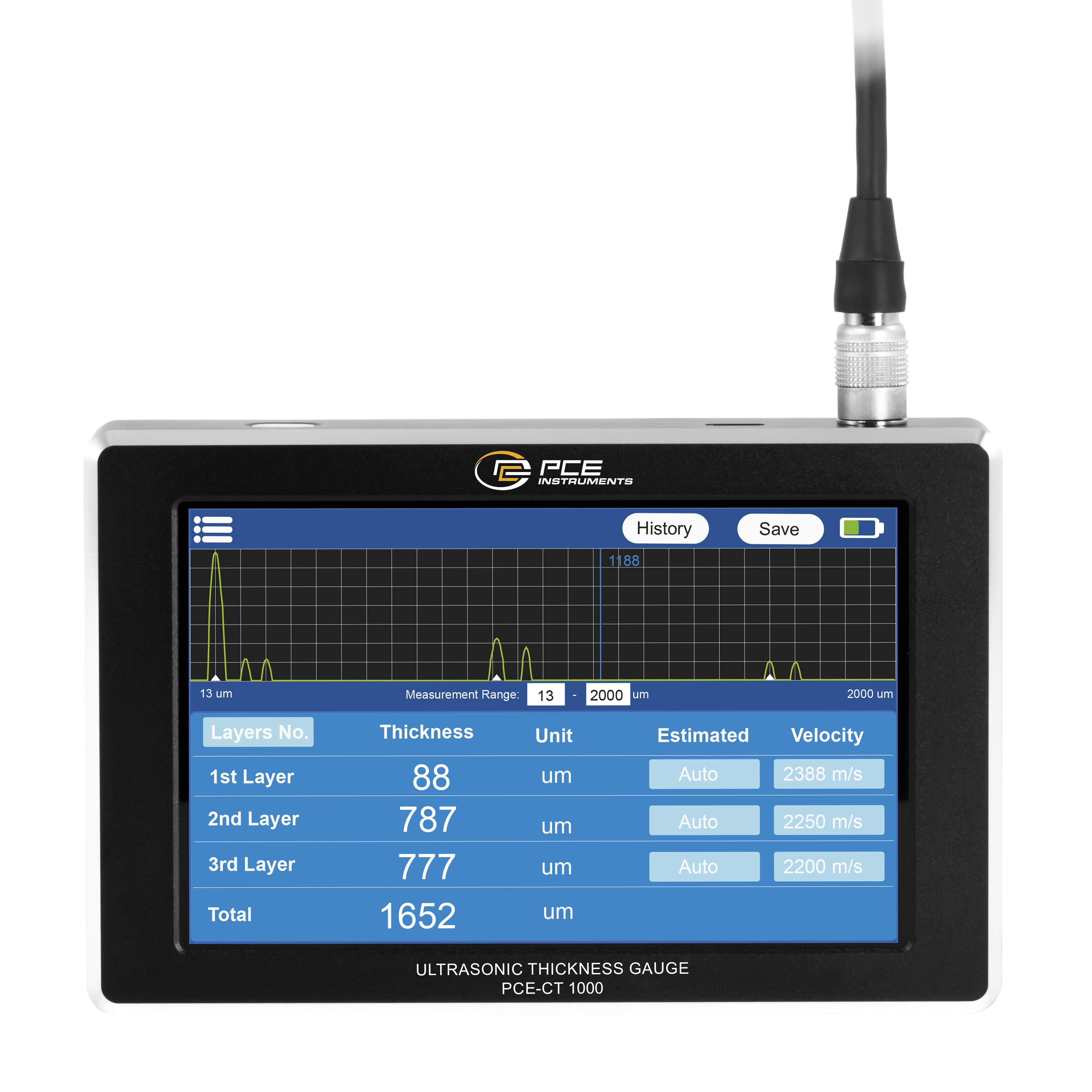 Ultraschall-Dickenmessgerät-Display zeigt Dickenwerte für drei Schichten: 88, 787 und 777 Mikrometer, mit einer Gesamtdicke von 1652 Mikrometern.