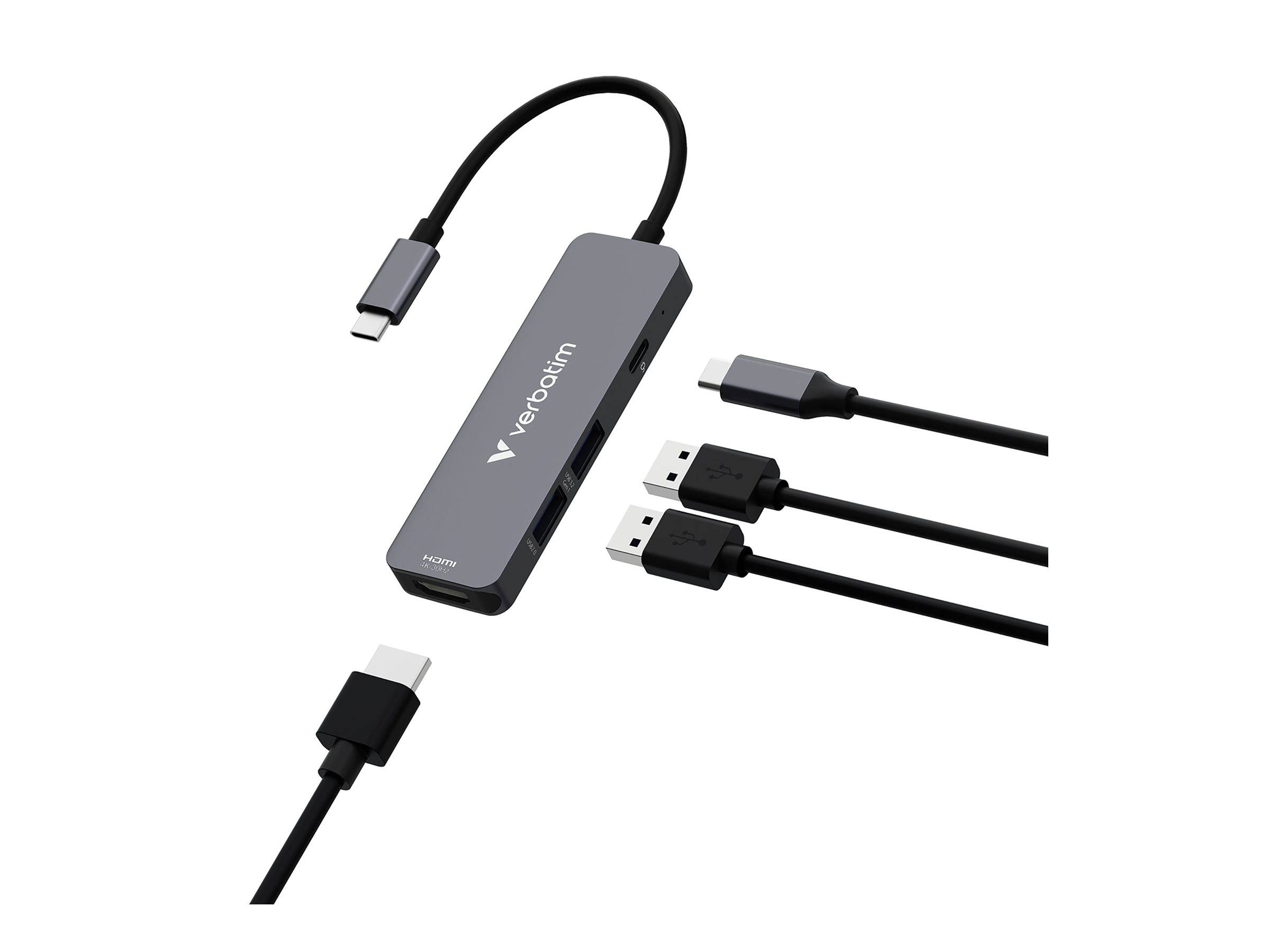 Ein schwarzer USB-C-Hub mit mehreren Anschlüssen und angebrachten Kabeln, gezeigt auf weißem Hintergrund.