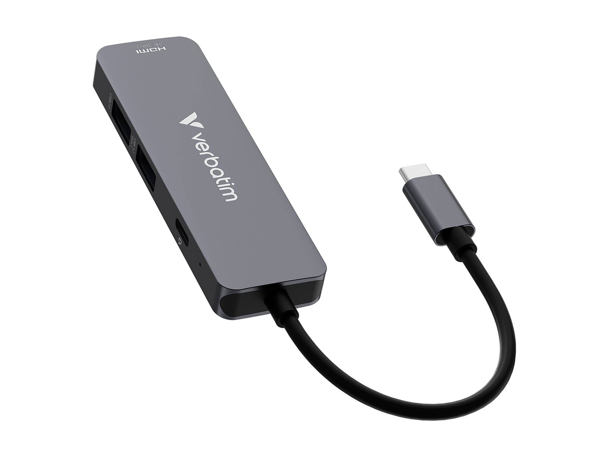 Verbatim USB-C-Hub mit HDMI- und USB-A-Anschlüssen, abgebildet mit angeschlossenem USB-C-Kabel auf weißem Hintergrund.
