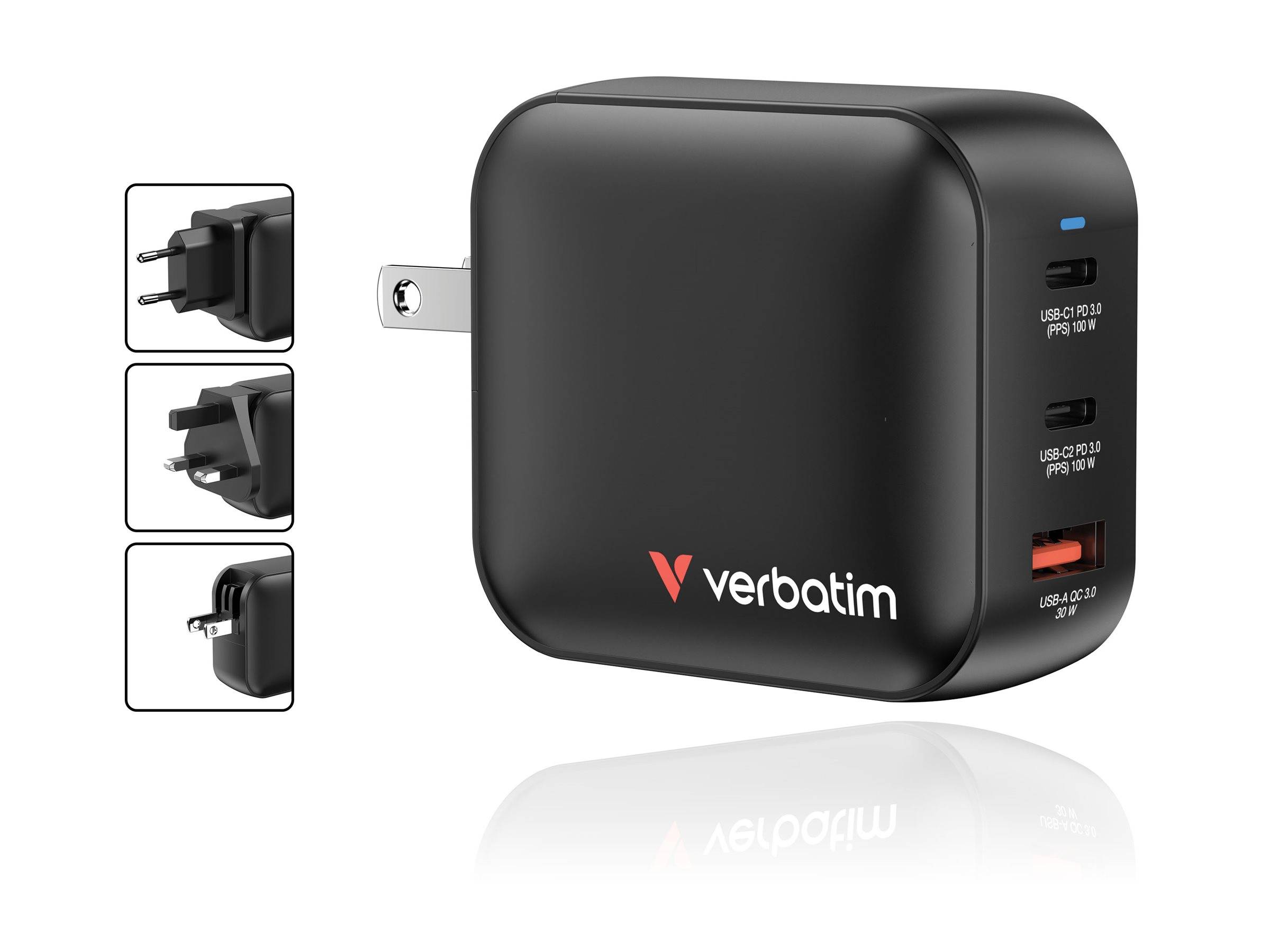 Schwarzes Verbatim-Wandladegerät mit Klappstecker und drei USB-Anschlüssen, dargestellt mit austauschbaren Steckertypen in Seitenbeschriftungen.