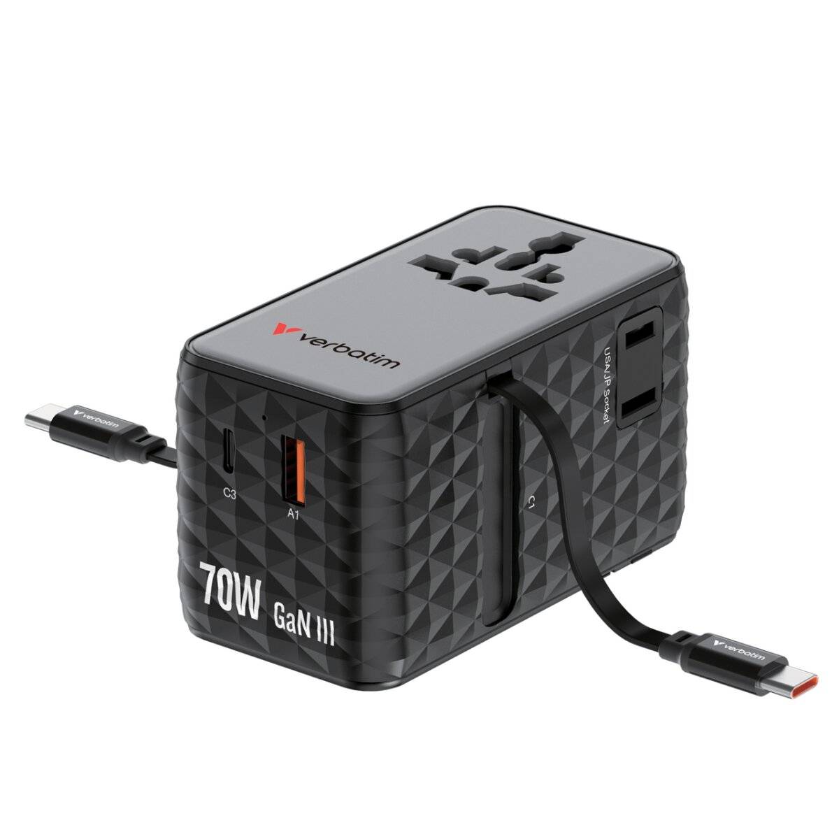 Verbatim GaN III Reiseadapter 70W mit 2 einziehbaren USB-C Kabeln Universal Schwarz
