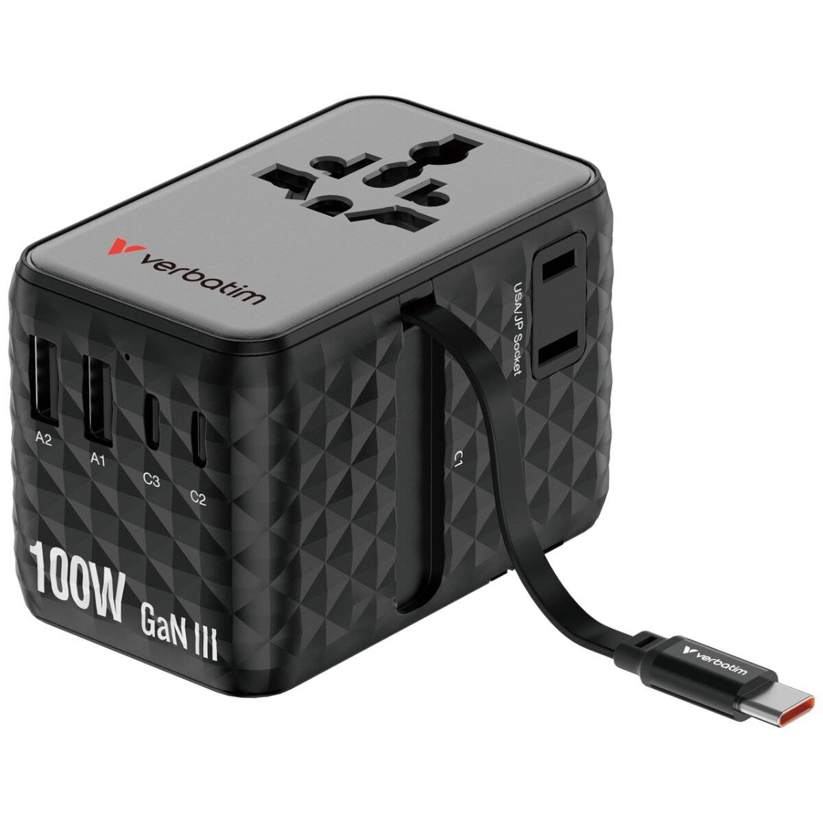 Verbatim GaN III Reiseadapter 100W mit einziehbarem USB-C Kabel 7-in-1 Schwarz