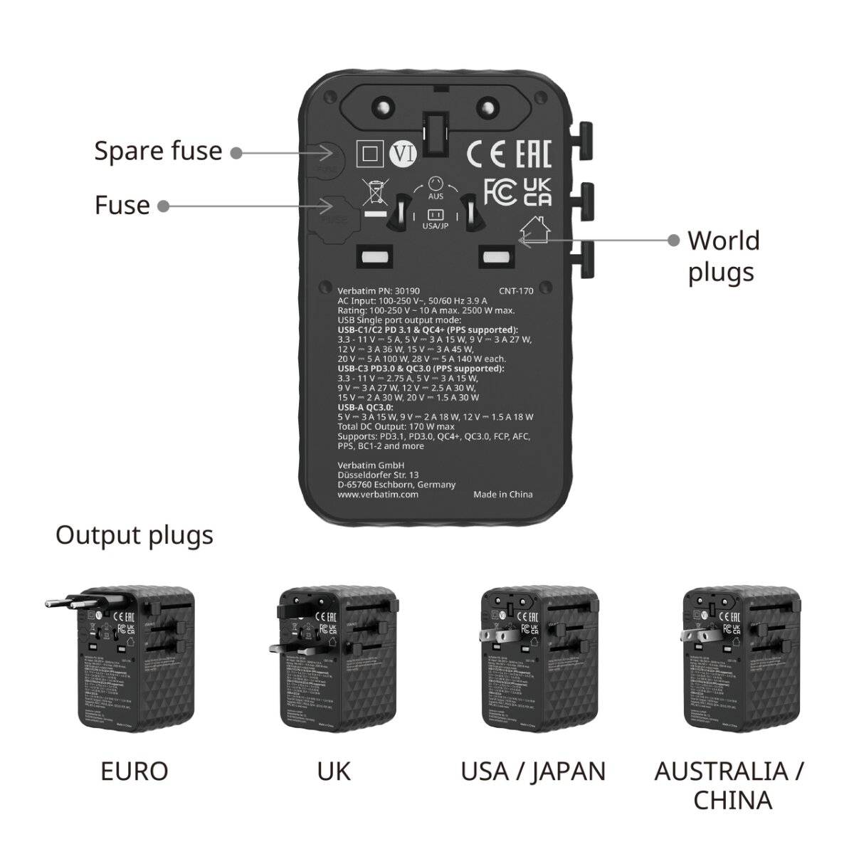 Internationaler Reiseadapter mit Ersatzsicherung, mehreren Steckern (EURO, UK, USA/JAPAN, AUSTRALIEN/CHINA) mit Spezifikationen.