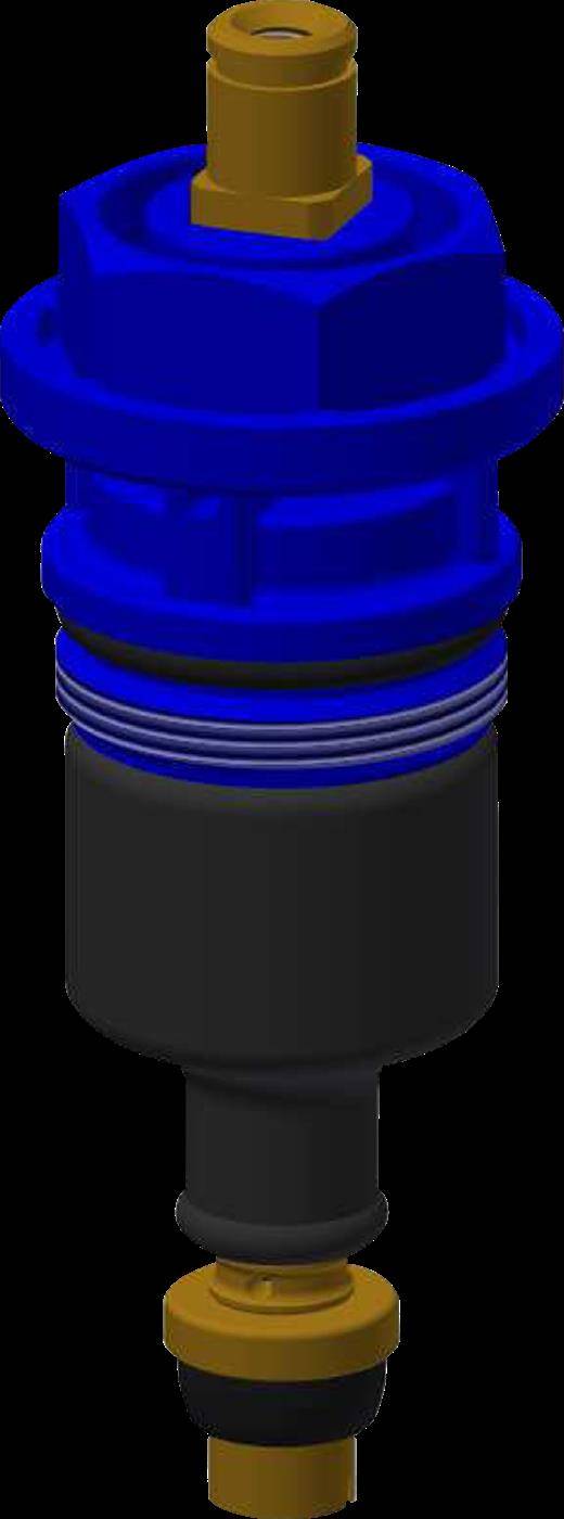 Blau zylindrische Industriekomponente mit goldfarbenen Armaturen und einem dunklen unteren Abschnitt, dargestellt in einer vertikalen Seitenansicht auf schwarzem Hintergrund.