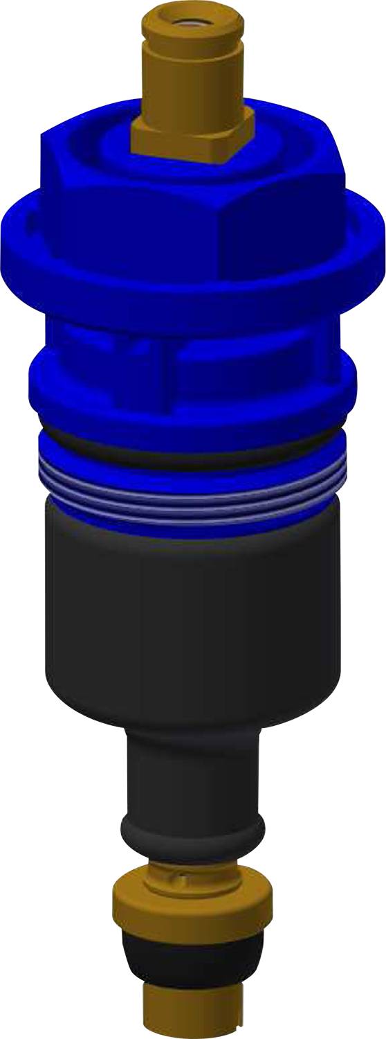 Ein blauer zylindrischer Gegenstand mit einem gerippten Mittelteil und einer glatten schwarzen Basis, möglicherweise Teil einer mechanischen oder sanitären Komponente.