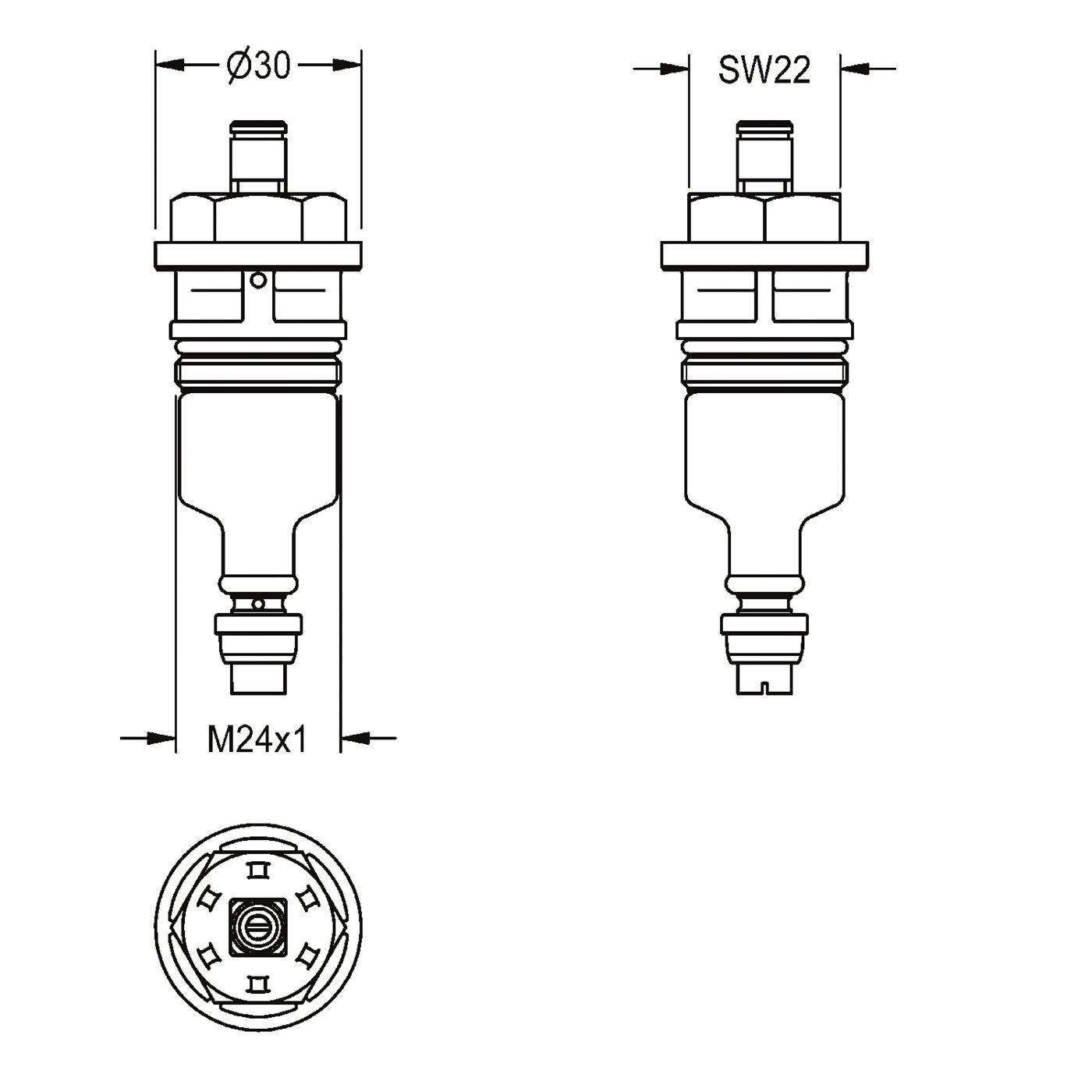 Technische Zeichnung einer Zündkerze mit den Abmessungen Ø30, SW22 und M24x1, mit Vorder- und Draufsicht.