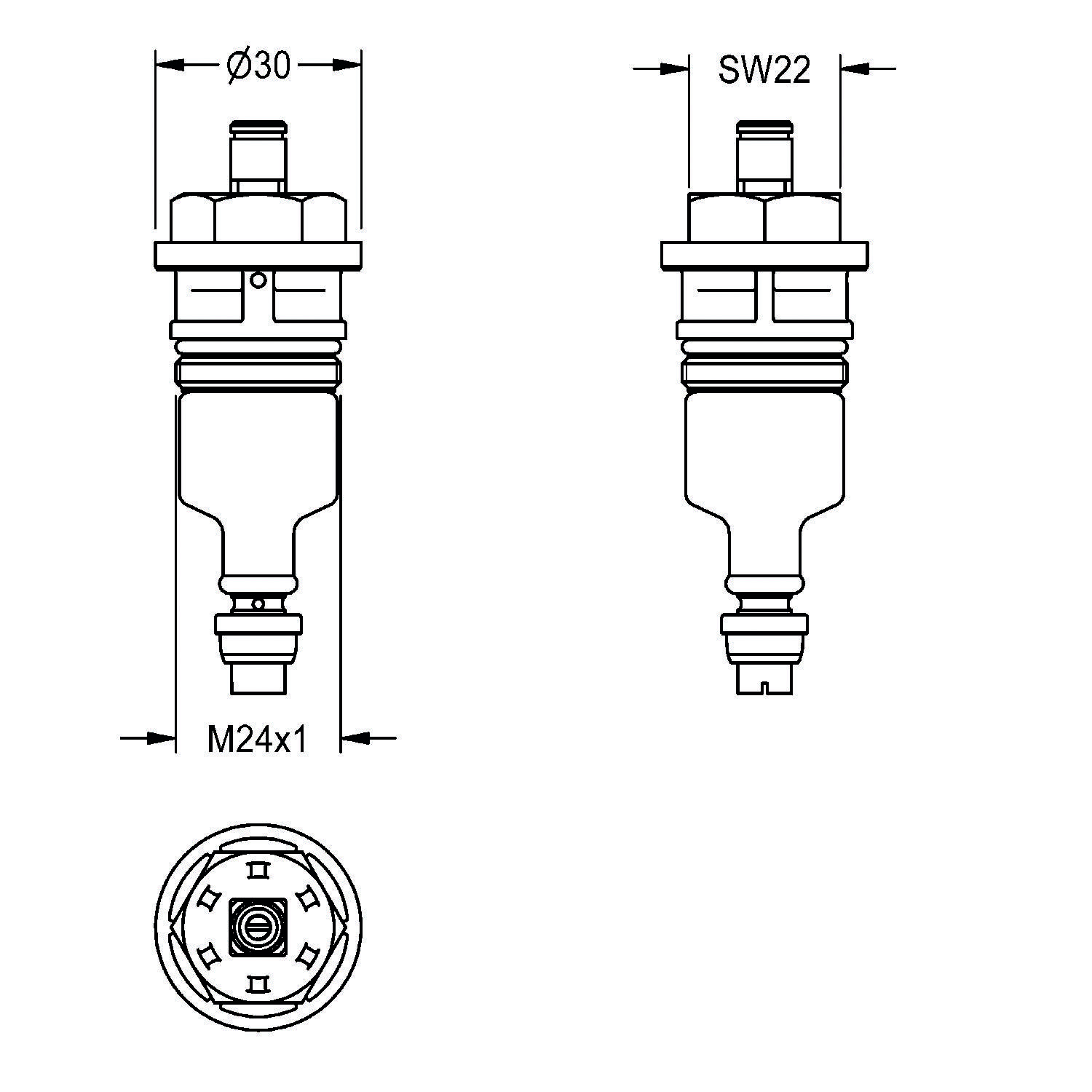 Eine technische Zeichnung einer zylindrischen mechanischen Komponente mit Abmessungen: Durchmesser 30 mm, Gewindegröße M24x1 und Sechskantgröße SW22.