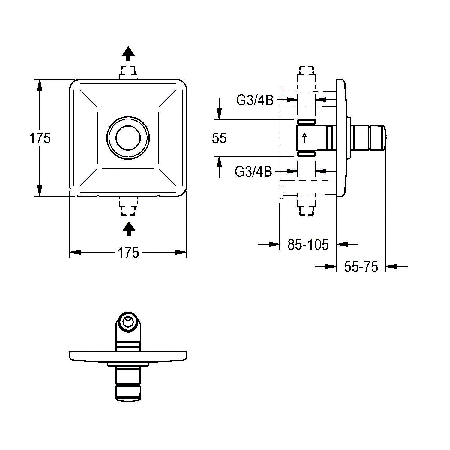 Diagramm einer Duscharmatur mit Abmessungen: 175 mm Höhe und Breite, G3/4B-Anschlüsse und Tiefe einstellbar von 55-75 mm.
