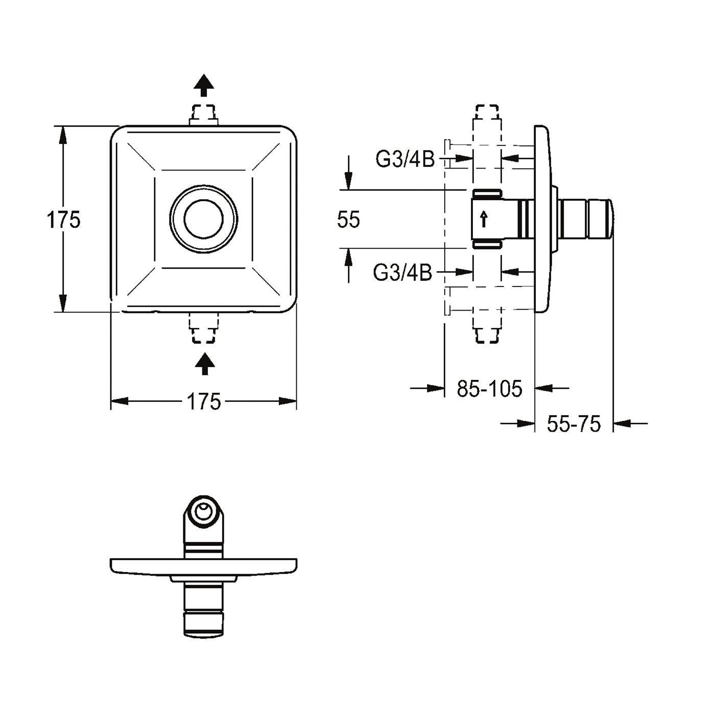 Technische Maßzeichnung eines quadratischen Duschventil-Trimmrings mit Front-, Seiten- und Unteransicht mit 175 mm Frontfläche, G3/4B-Anschlüssen und Tiefenwerte von 85-105 mm und 55-75 mm.